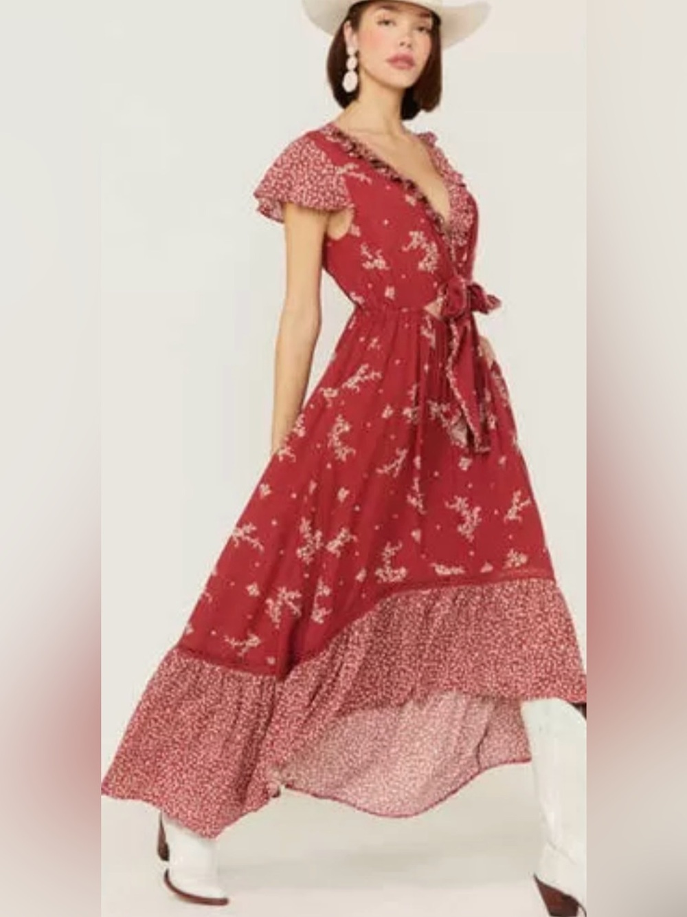 Floral Red Wrap Maxi Dress with Ruffle Tie Waist